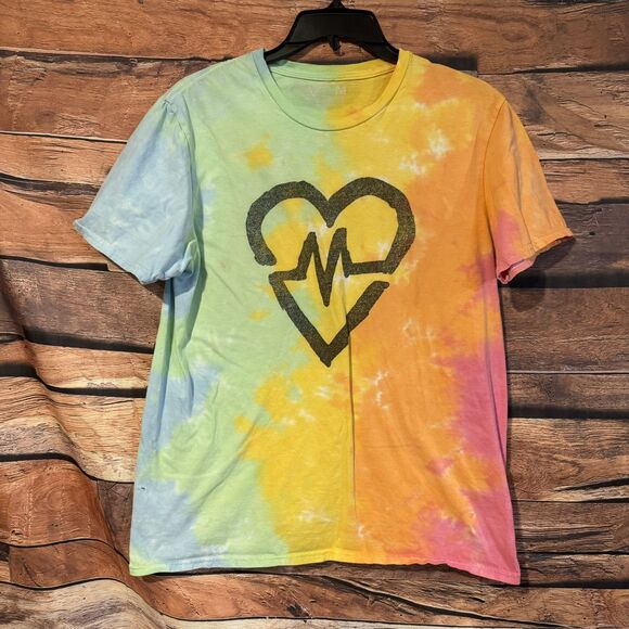Revive M Tie Dye T-Shirt Short Sleeve Pastel Colorful Heart Beat Logo Skate - Picture 1 of 7